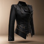 Fitted Women's Leather Biker Jacket with Studded Collar and Cuffs - Zip Accents