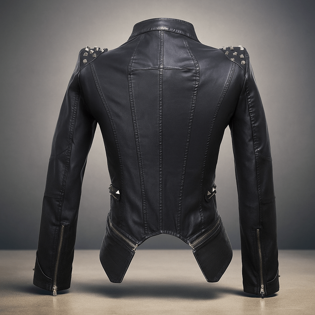 Fitted Women's Leather Biker Jacket with Studded Collar and Cuffs - Zip Accents
