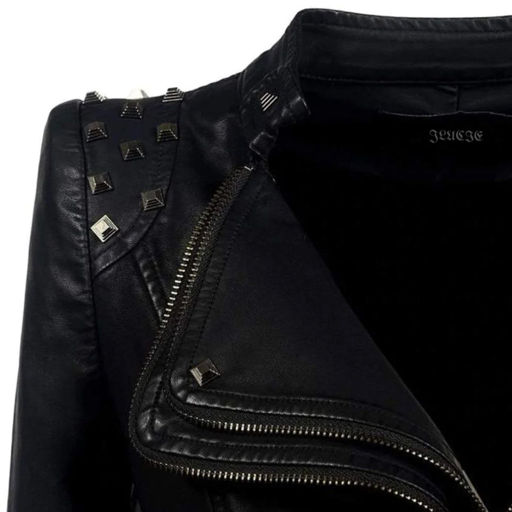 Fitted Women's Leather Biker Jacket with Studded Collar and Cuffs - Zip Accents