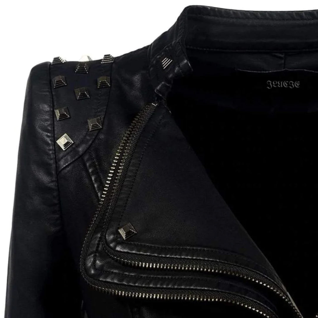 Fitted Women's Leather Biker Jacket with Studded Collar and Cuffs - Zip Accents
