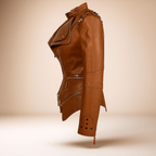Fitted Women's Leather Biker Jacket with Studded Collar and Cuffs - Zip Accents