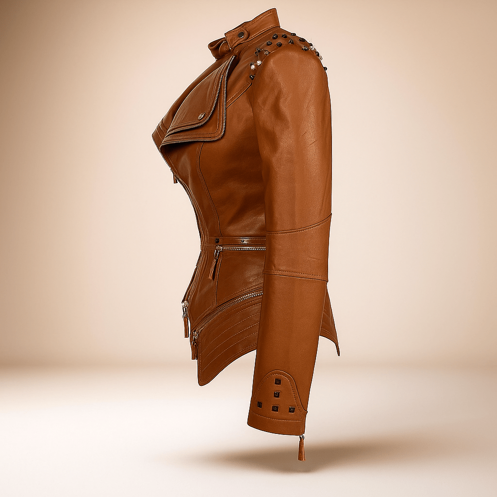 Fitted Women's Leather Biker Jacket with Studded Collar and Cuffs - Zip Accents