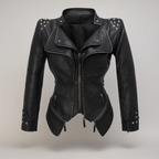 Fitted Women's Leather Biker Jacket with Studded Collar and Cuffs - Zip Accents