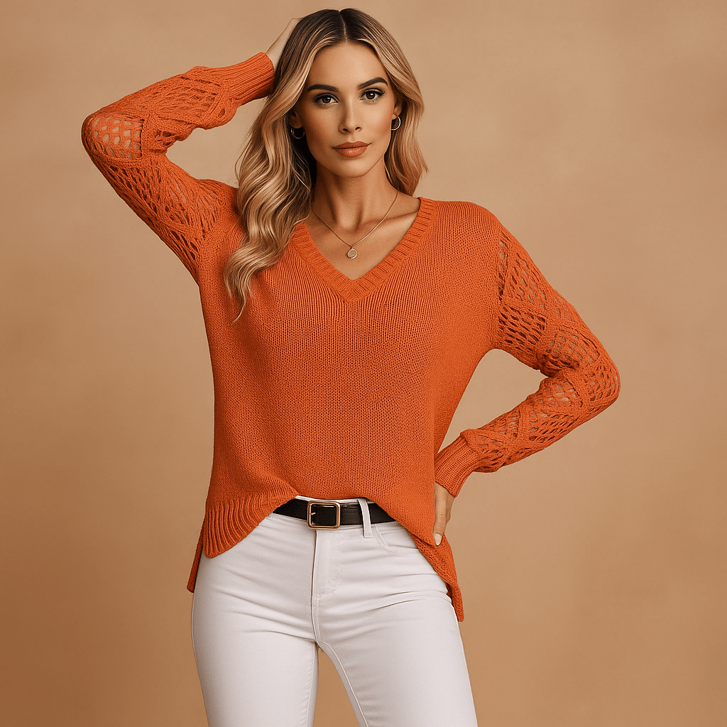 V-Neck Long Sleeve Open Knit Sweater for Women