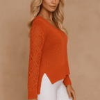 V-Neck Long Sleeve Open Knit Sweater for Women