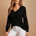 V-Neck Long Sleeve Open Knit Sweater for Women