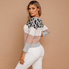 Leopard Print Knit Sweater for Women - Relaxed Fit with Striped Casual Style