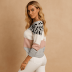 Leopard Print Knit Sweater for Women - Relaxed Fit with Striped Casual Style