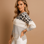 Leopard Print Knit Sweater for Women - Relaxed Fit with Striped Casual Style