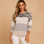 Leopard Print Knit Sweater for Women - Relaxed Fit with Striped Casual Style