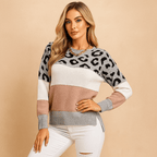 Leopard Print Knit Sweater for Women - Relaxed Fit with Striped Casual Style