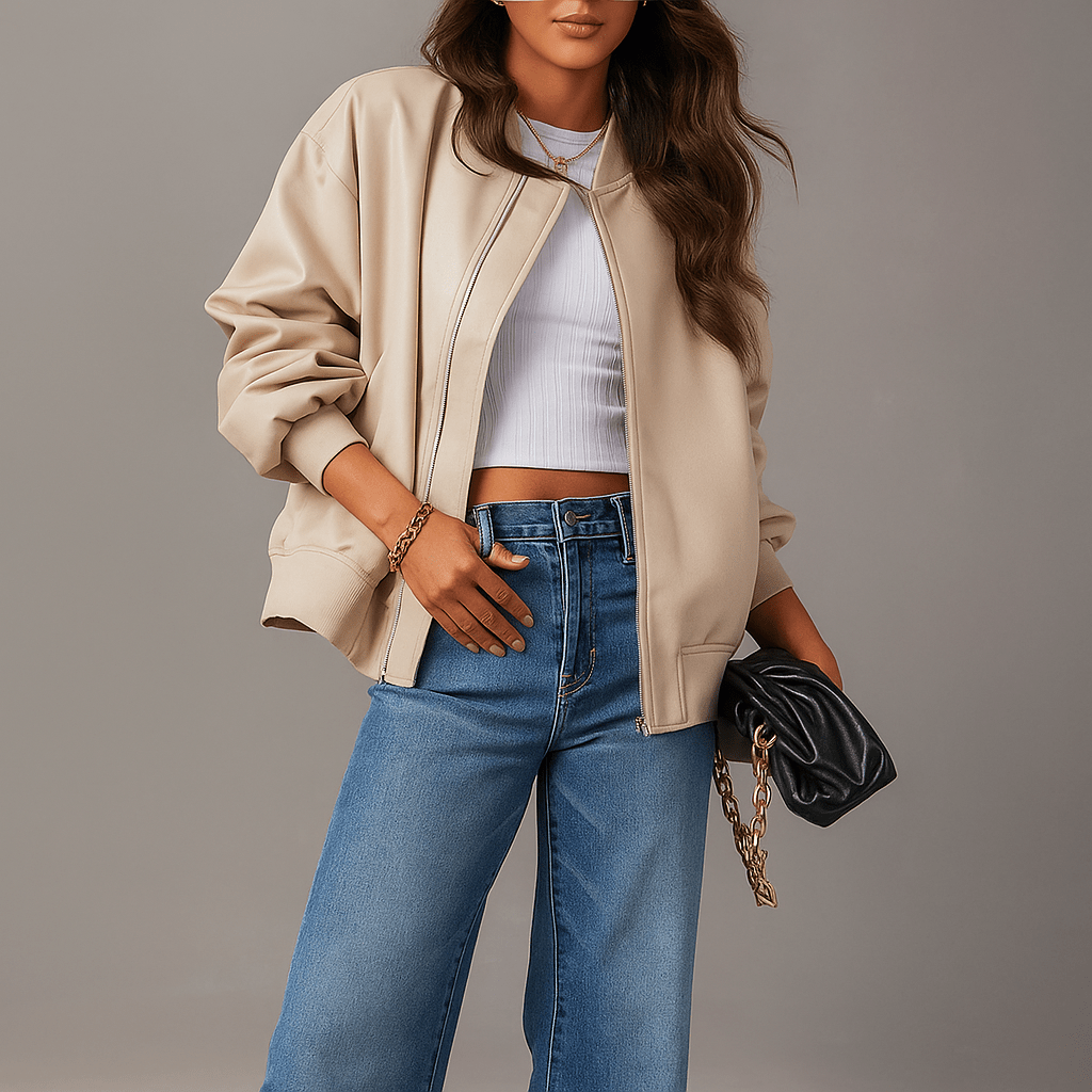 Women's Hip-Length Oversized Leather Jacket with Zip Closure and Ribbed Edges