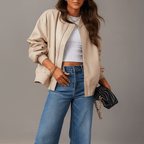 Women's Hip-Length Oversized Leather Jacket with Zip Closure and Ribbed Edges