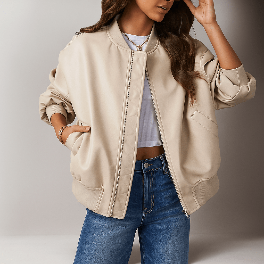 Women's Hip-Length Oversized Leather Jacket with Zip Closure and Ribbed Edges