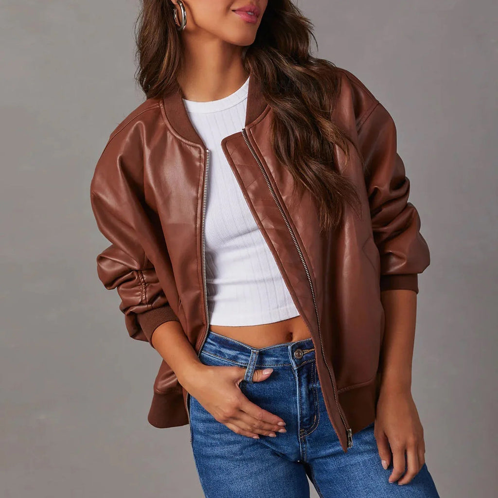 Women's Hip-Length Oversized Leather Jacket with Zip Closure and Ribbed Edges