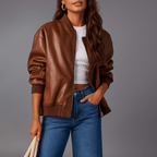 Women's Hip-Length Oversized Leather Jacket with Zip Closure and Ribbed Edges