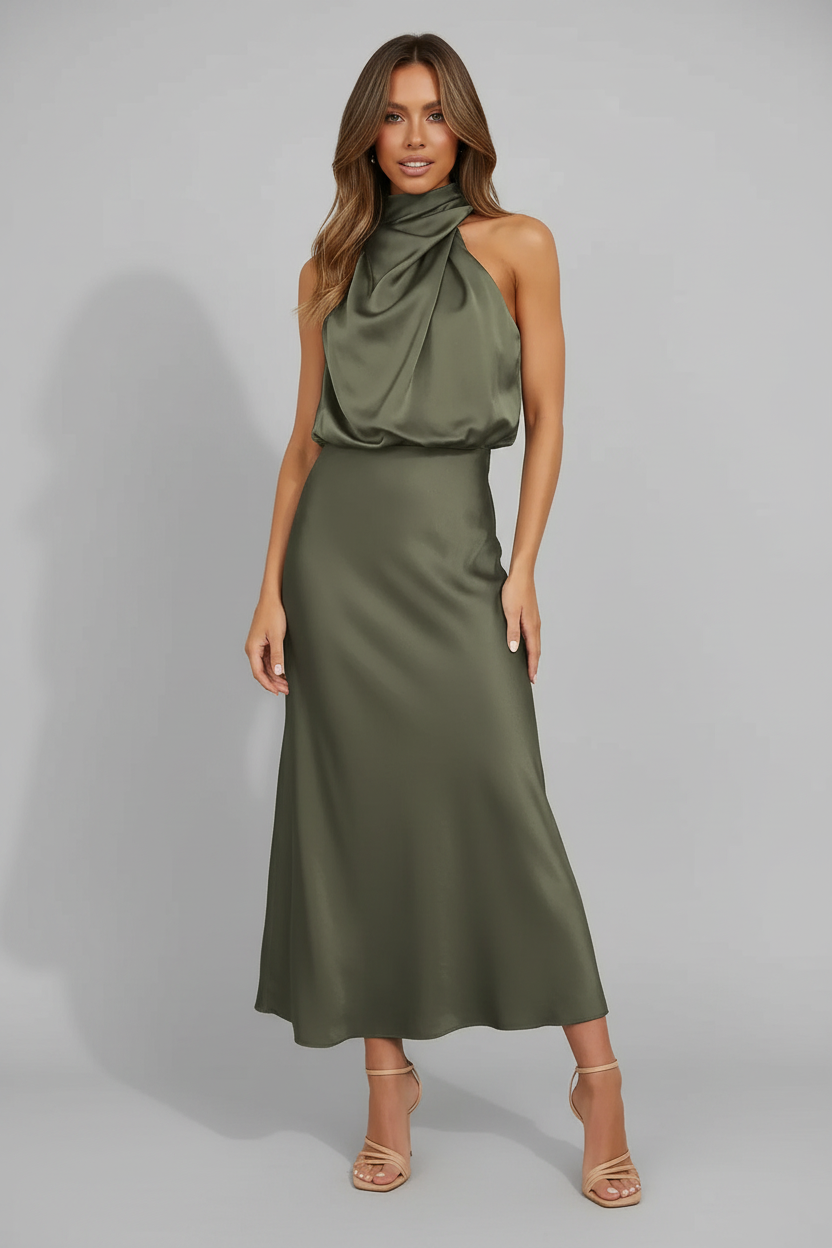 Elodie Satin Halter Midi Dress