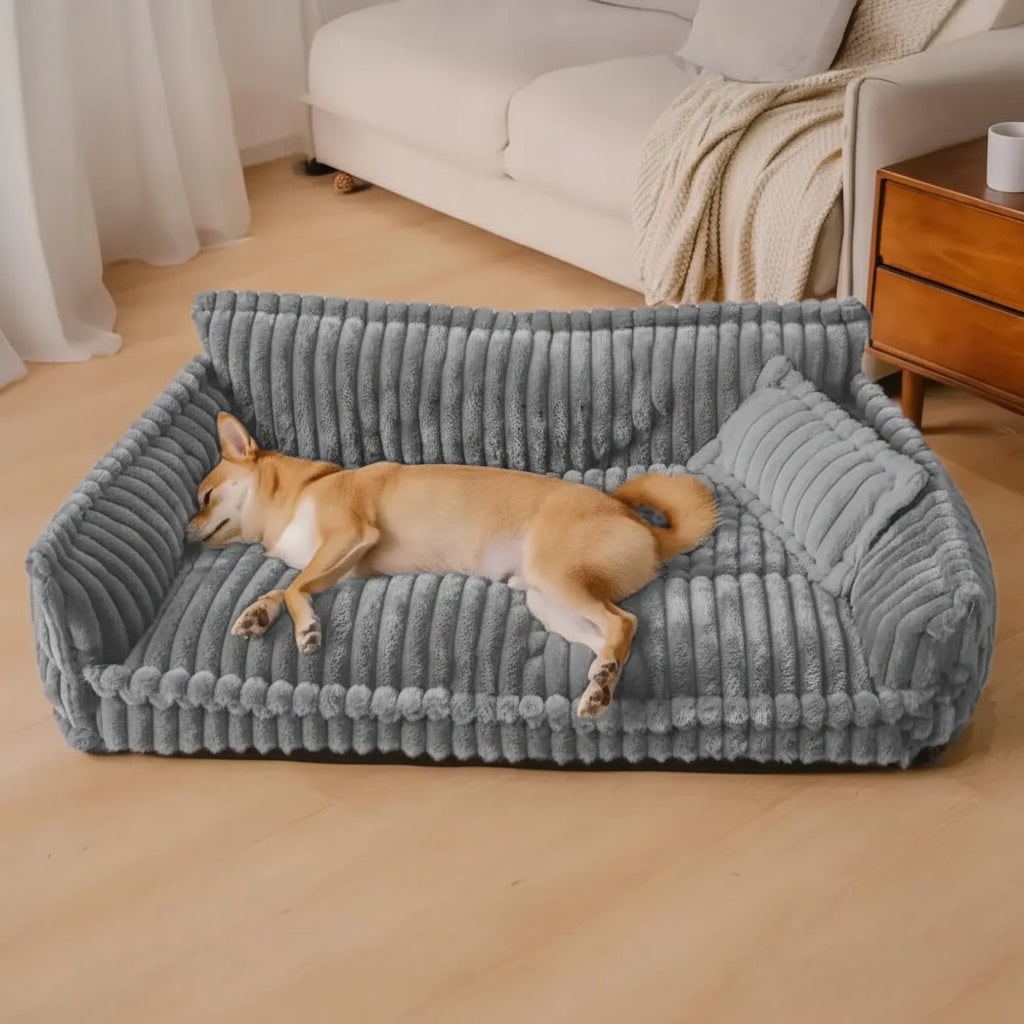 Orthopedic Dog Sofa Bed Washable Plush Ribbed Bolster Pillow - Image 1