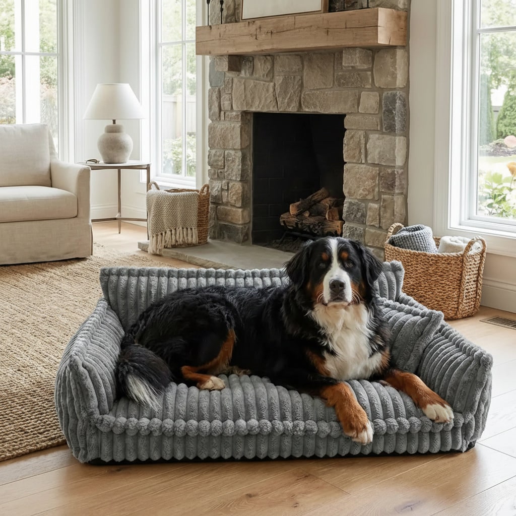 Orthopedic Dog Sofa Bed Washable Plush Ribbed Bolster Pillow - Image 2