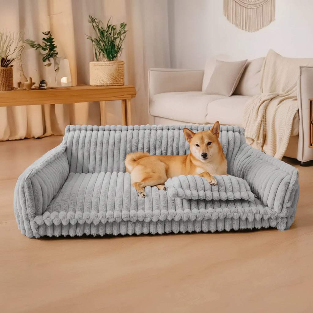 Orthopedic Dog Sofa Bed Washable Plush Ribbed Bolster Pillow - Image 4