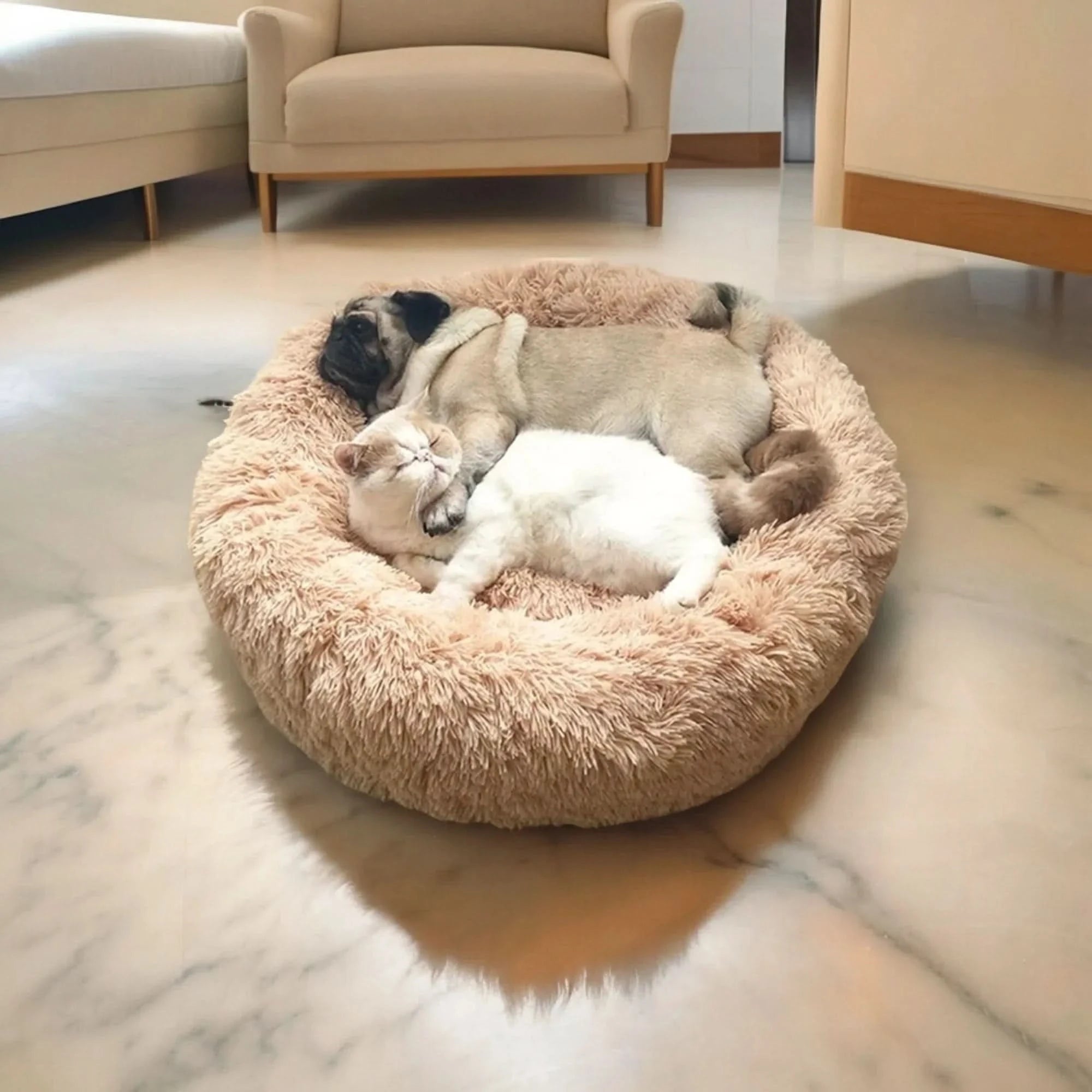 Orthopedic Pet Donut Dog Bed Soft Plush Faux Fur Bolster Cats Dogs Machine Washable - Image 2