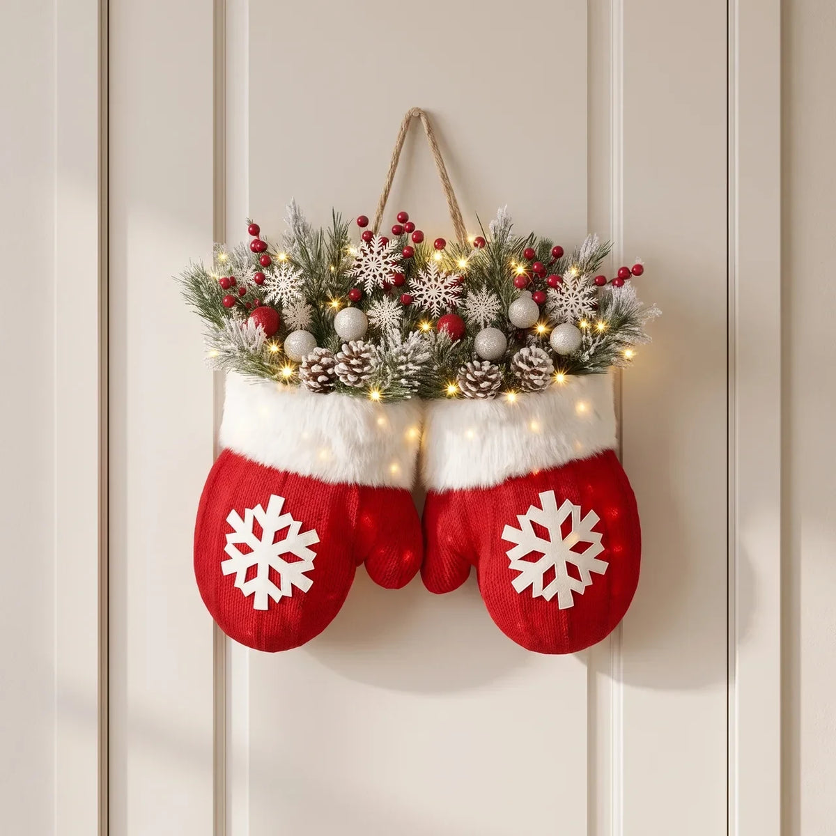 Outdoor Christmas Lights Door Hanger with LED Mitten Shape and Faux Greenery - Image 1