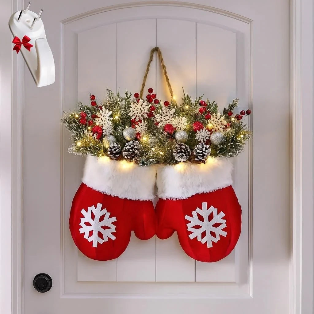 Outdoor Christmas Lights Door Hanger with LED Mitten Shape and Faux Greenery - Image 6