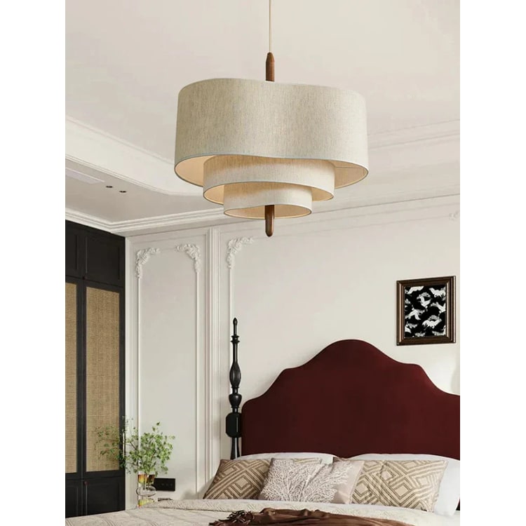 Pendant Light with Tiered Fabric Shades and Wooden Rod for Living Room - Image 1