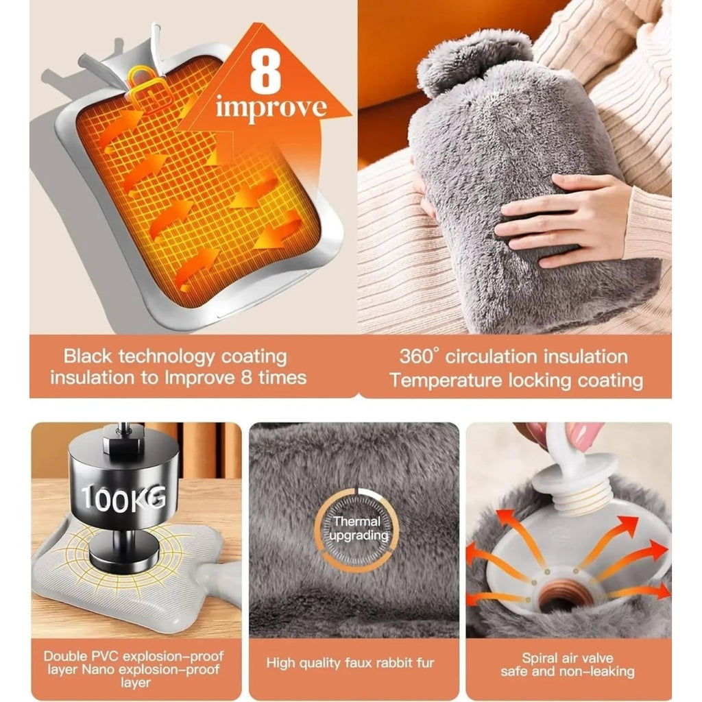 Plush Hot Water Bottle Heat Therapy Bag Faux Fur Removable Cover Portable 2 Liter - Image 5