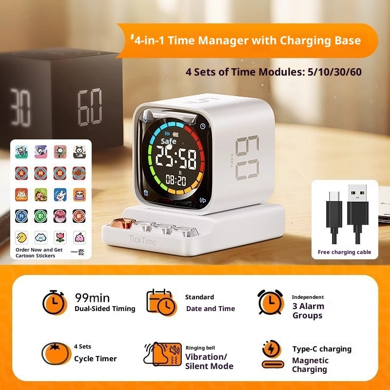 Pomodoro Effect Method Cube Timer with Digital Display and Rechargeable Charging Base - Image 1