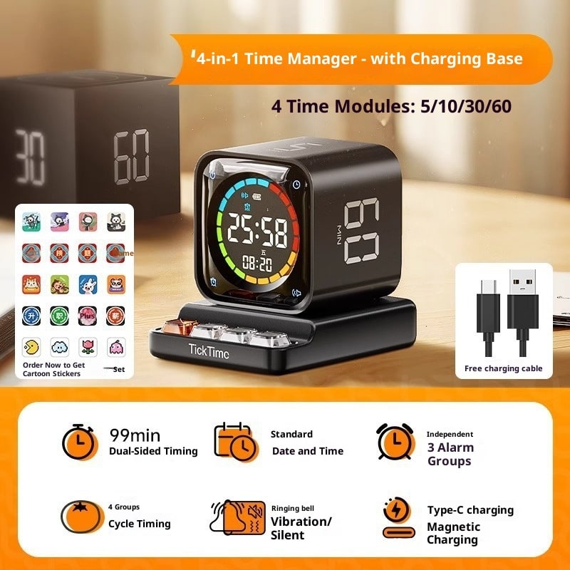 Pomodoro Effect Method Cube Timer with Digital Display and Rechargeable Charging Base - Image 4