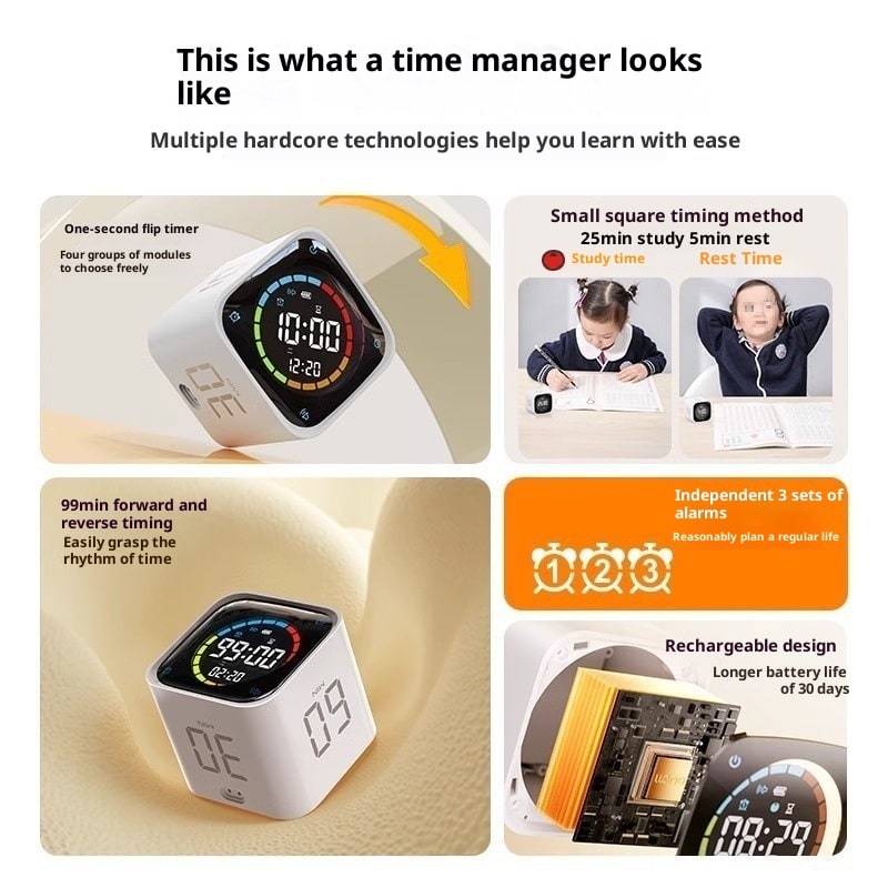 Pomodoro Effect Method Cube Timer with Digital Display and Rechargeable Charging Base - Image 5