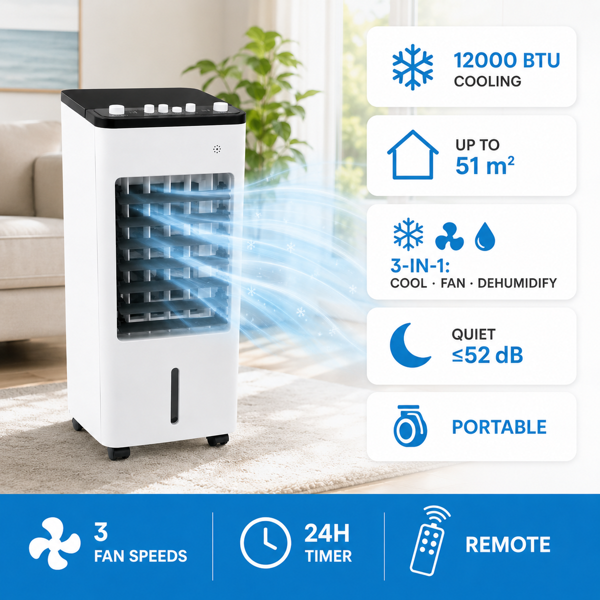 Portable Air Conditioner Evaporative Cooler with Fan and Humidifier on Wheels - Image 4