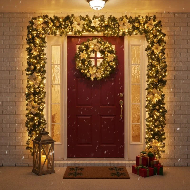 Pre-Lit Christmas Garland with Lights Warm White LED and Ornaments for Mantle - Image 1
