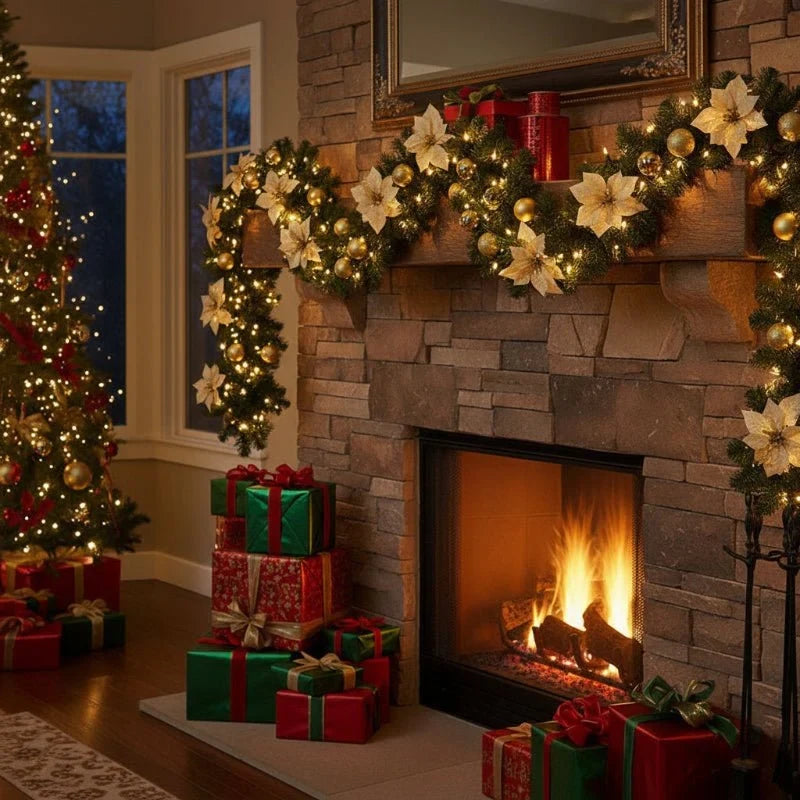 Pre-Lit Christmas Garland with Lights Warm White LED and Ornaments for Mantle - Image 2
