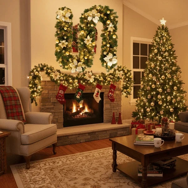 Pre-Lit Christmas Garland with Lights Warm White LED and Ornaments for Mantle - Image 4