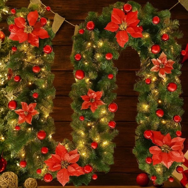 Pre-Lit Christmas Garland with Lights Warm White LED and Ornaments for Mantle - Image 5