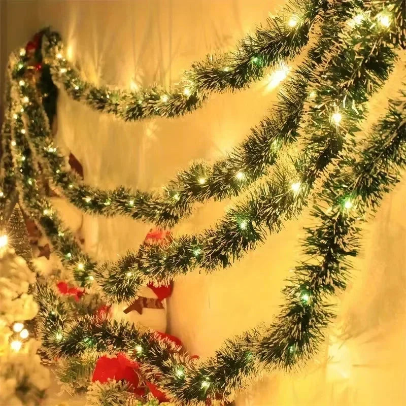 Pre-Lit Tinsel Garland with Frosted Tips Bows and Warm White LED Lights - Image 2