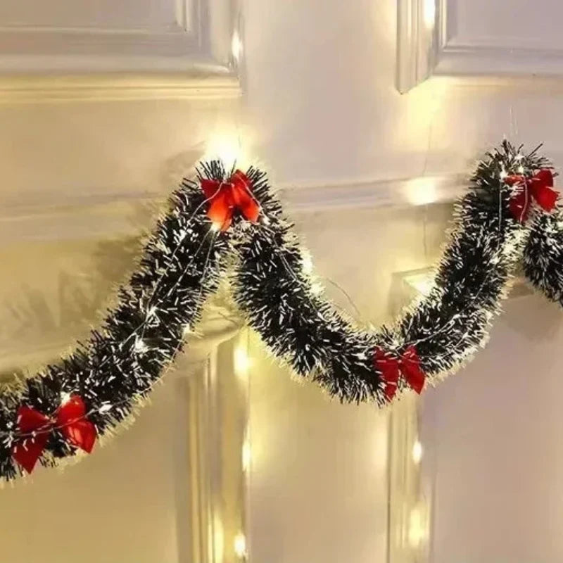 Pre-Lit Tinsel Garland with Frosted Tips Bows and Warm White LED Lights - Image 9