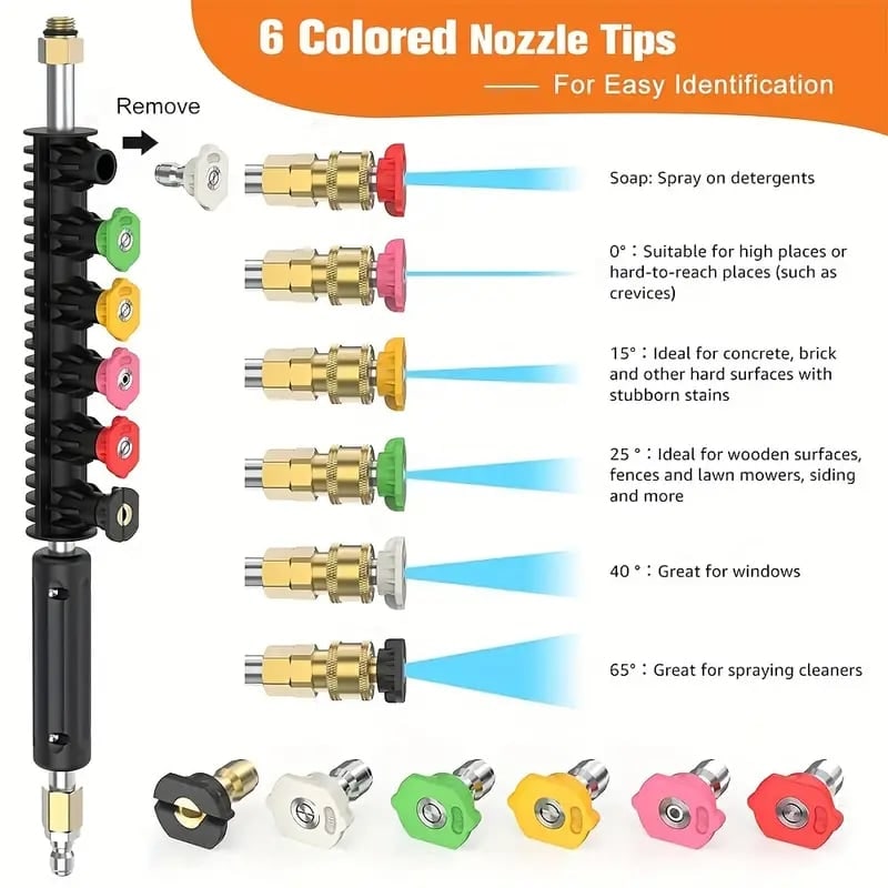 Pressure Washer Hose Extension Wand with Telescoping Brass Fittings and Five Color-Coded Nozzles - Image 11