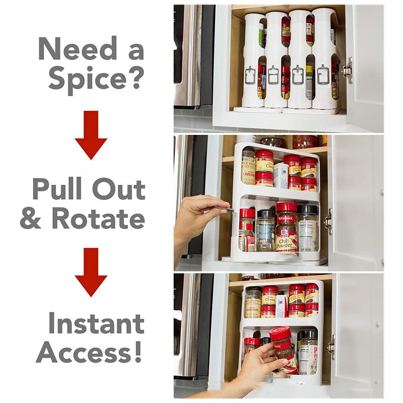 Pull Out Spice Rack with Rotating Cabinet Shelves and Organizer Two-Tier Sliding - Image 3