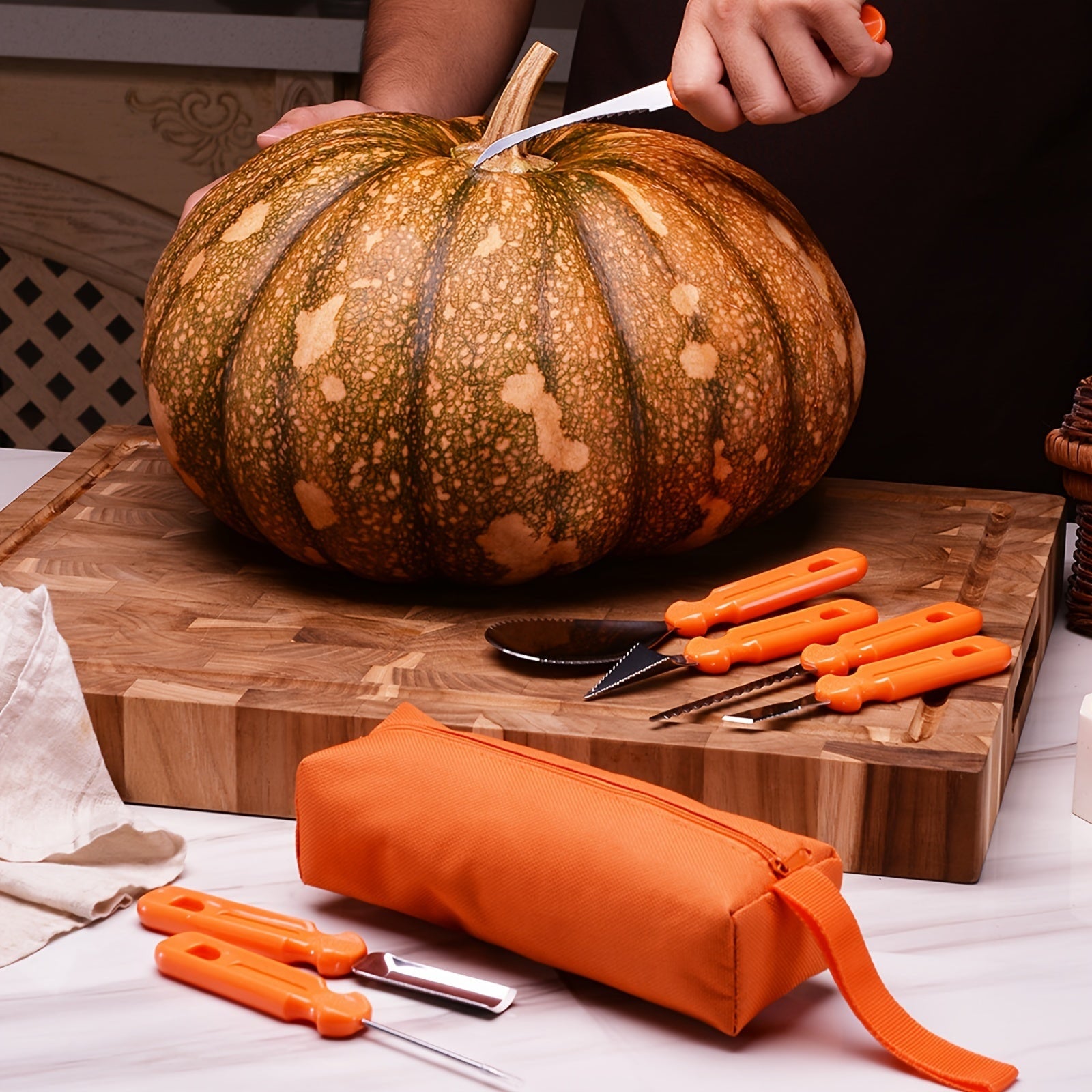 Pumpkin Carving Tools Kit and Supplies with Stainless Steel Knife Set and Canvas Storage Bag - Image 1