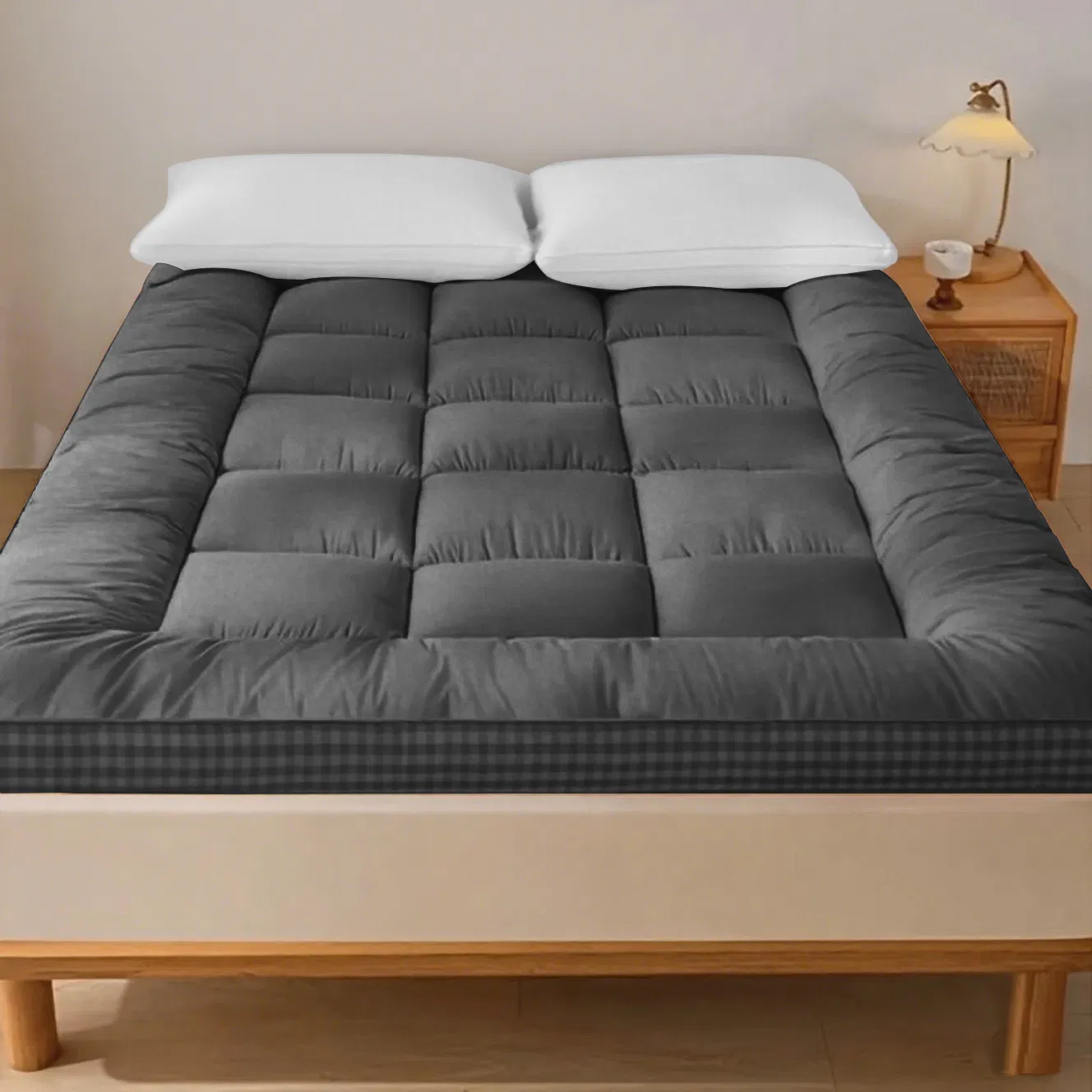 Quilted Mattress Topper with Firm Support Plush Fiber Filling and Bolster Border - Image 1
