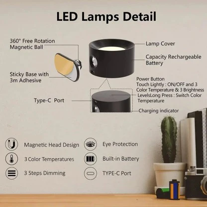 Rechargeable Wall Sconce and Modern Lamp with 360° Rotating Magnetic Head and Remote Control - Image 5