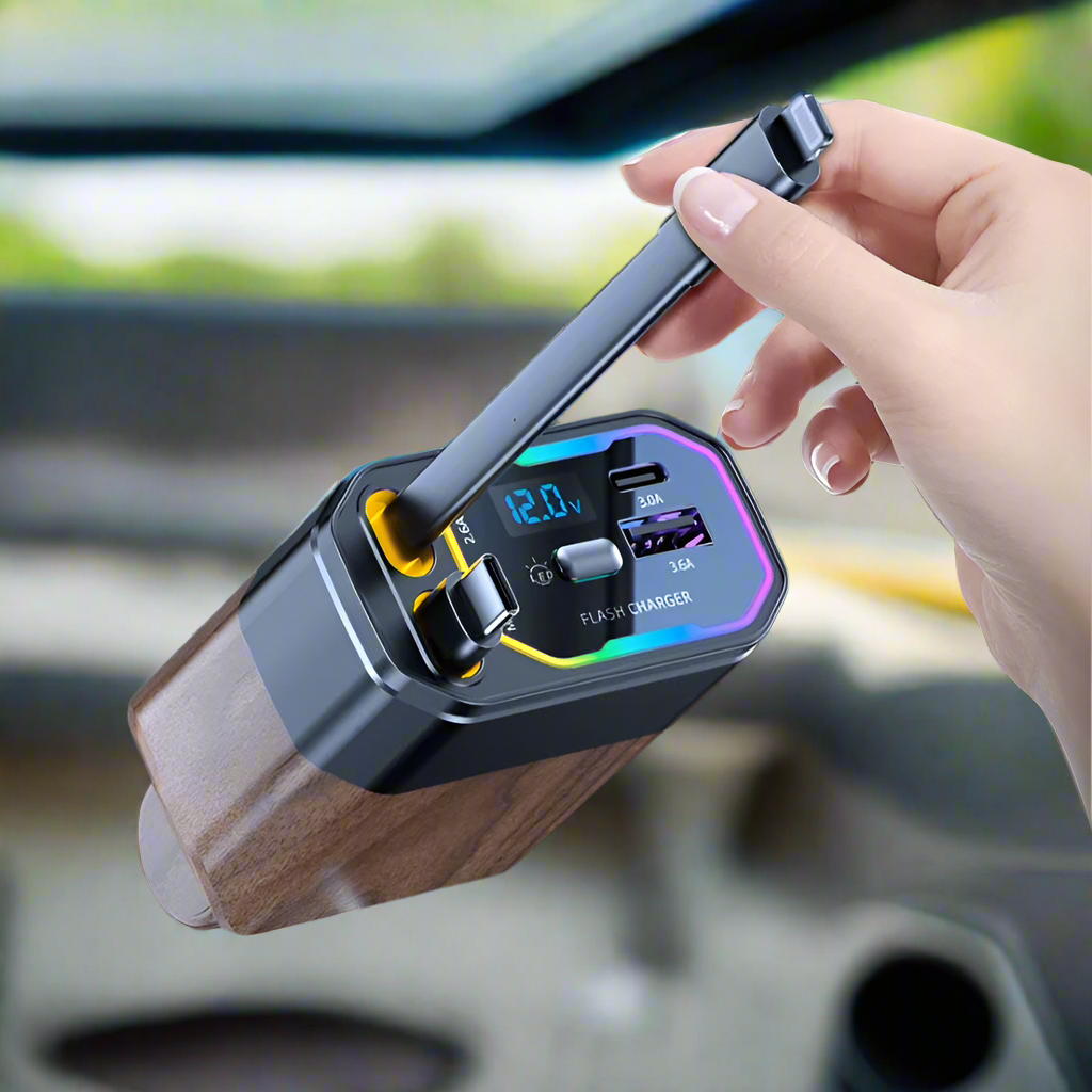 Retractable Car Charger Usb-C with Dual Flat Cables and Digital LED Display - Image 1