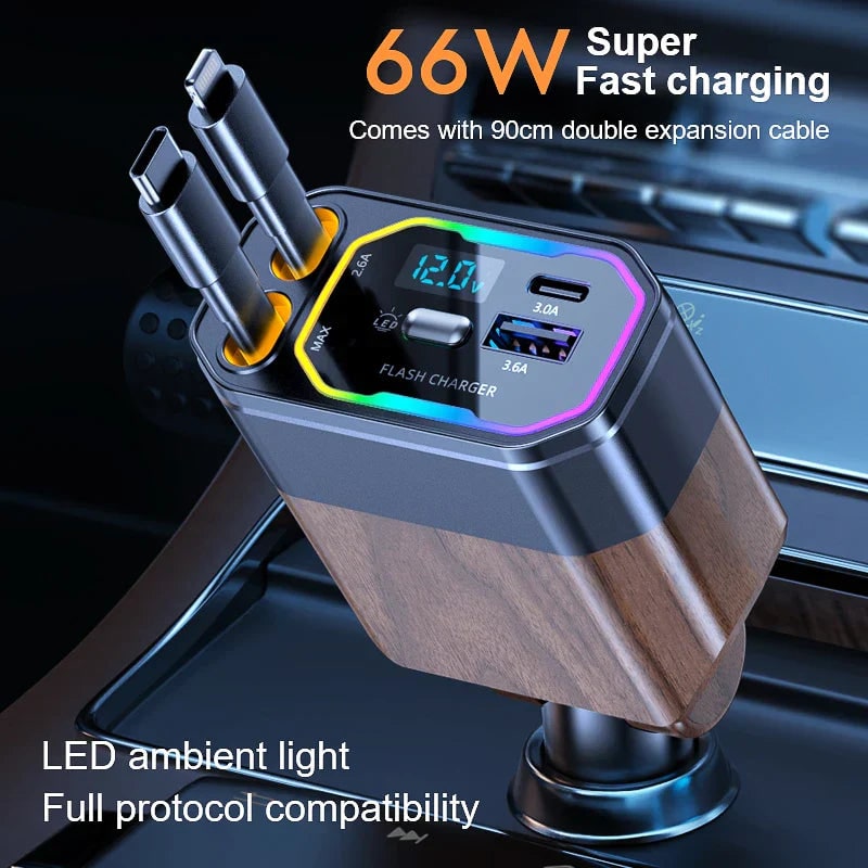 Retractable Car Charger Usb-C with Dual Flat Cables and Digital LED Display - Image 2