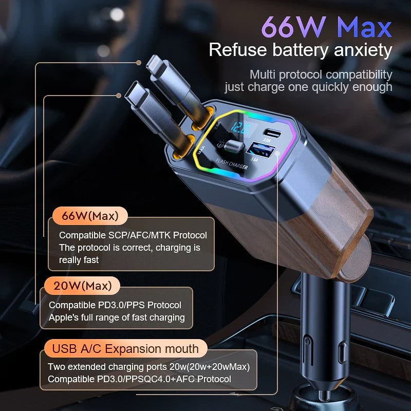 Retractable Car Charger Usb-C with Dual Flat Cables and Digital LED Display - Image 3