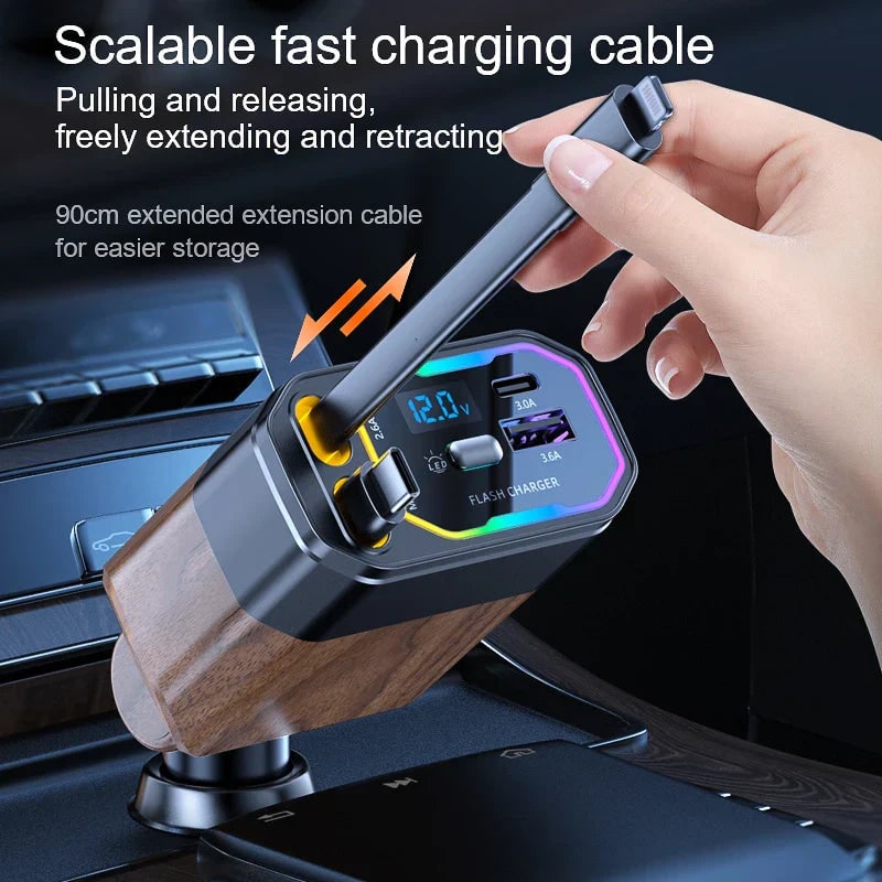 Retractable Car Charger Usb-C with Dual Flat Cables and Digital LED Display - Image 4