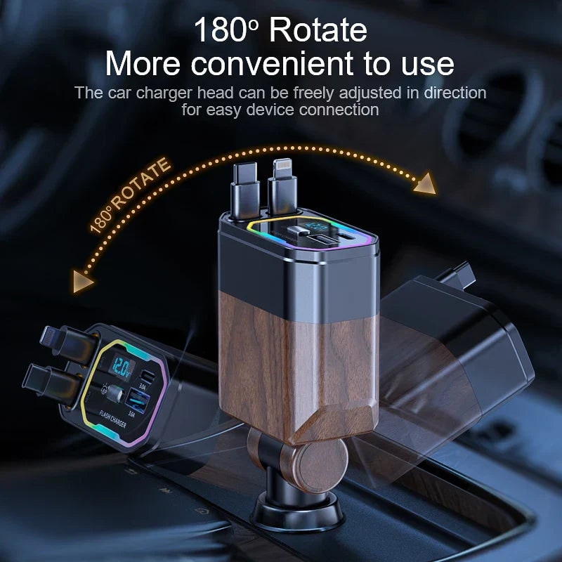 Retractable Car Charger Usb-C with Dual Flat Cables and Digital LED Display - Image 5
