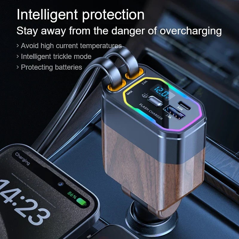 Retractable Car Charger Usb-C with Dual Flat Cables and Digital LED Display - Image 6